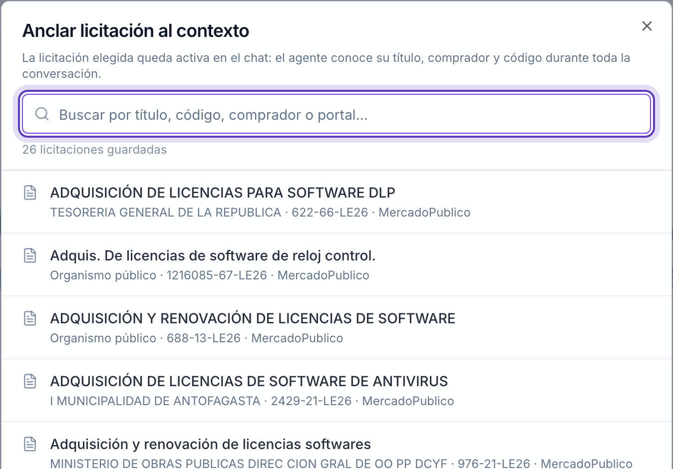 Ventana «Anclar licitación al contexto» con el buscador marcado y la lista de licitaciones guardadas.