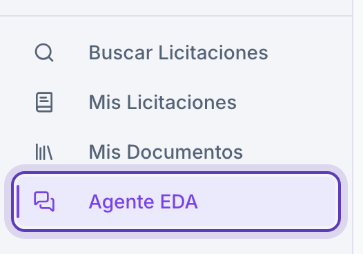 Menú lateral de Eda con «Agente EDA» marcado.
