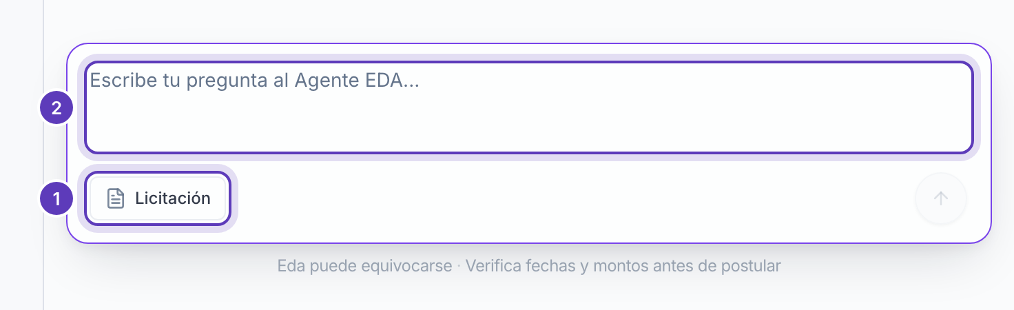Campo de preguntas del Agente EDA con el botón «Licitación» marcado con el número 1 y el campo de texto marcado con el número 2.