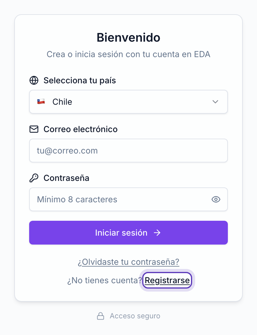 Tarjeta de ingreso de Eda con el enlace «Registrarse» marcado al pie.
