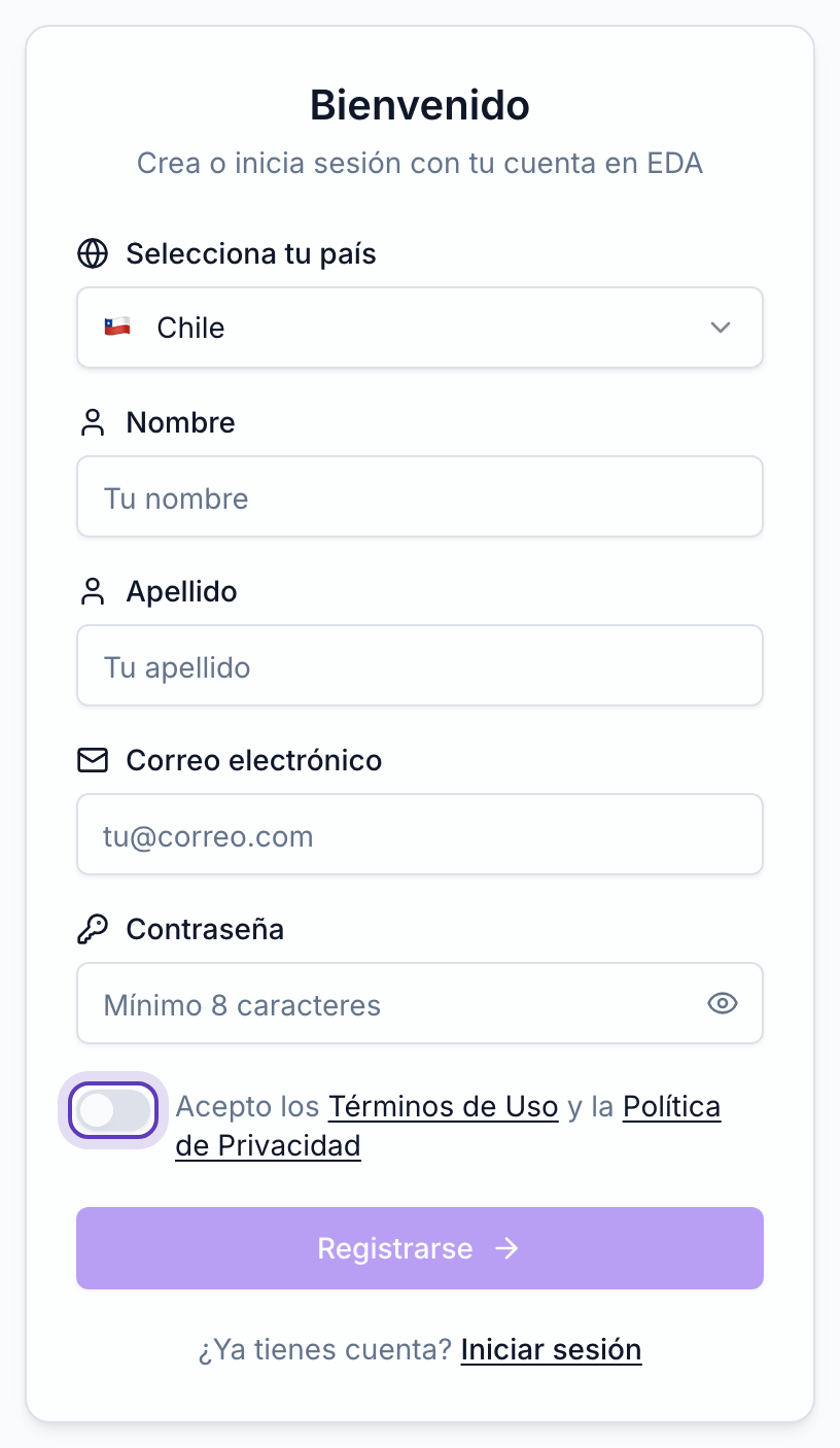 Formulario de registro con país, nombre, apellido, correo y contraseña, y el interruptor de aceptación de los términos marcado.