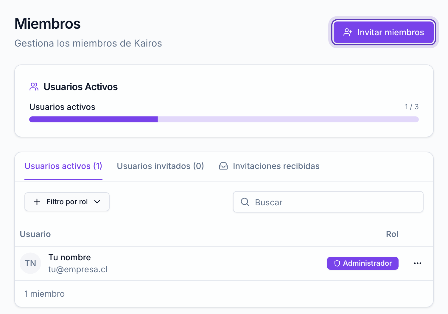 Página «Miembros» con el botón «Invitar miembros» marcado, la barra de usuarios activos y la lista de miembros.