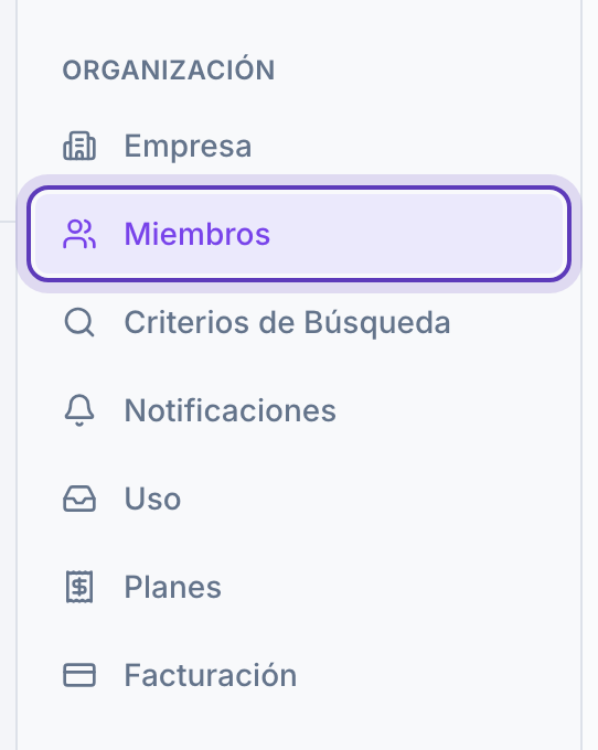 Menú de Configuración con «Miembros» marcado.