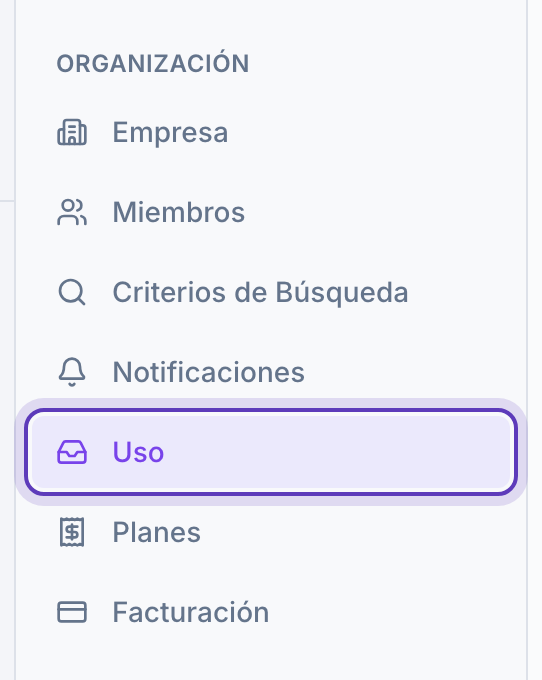 Menú de Configuración con «Uso» marcado.