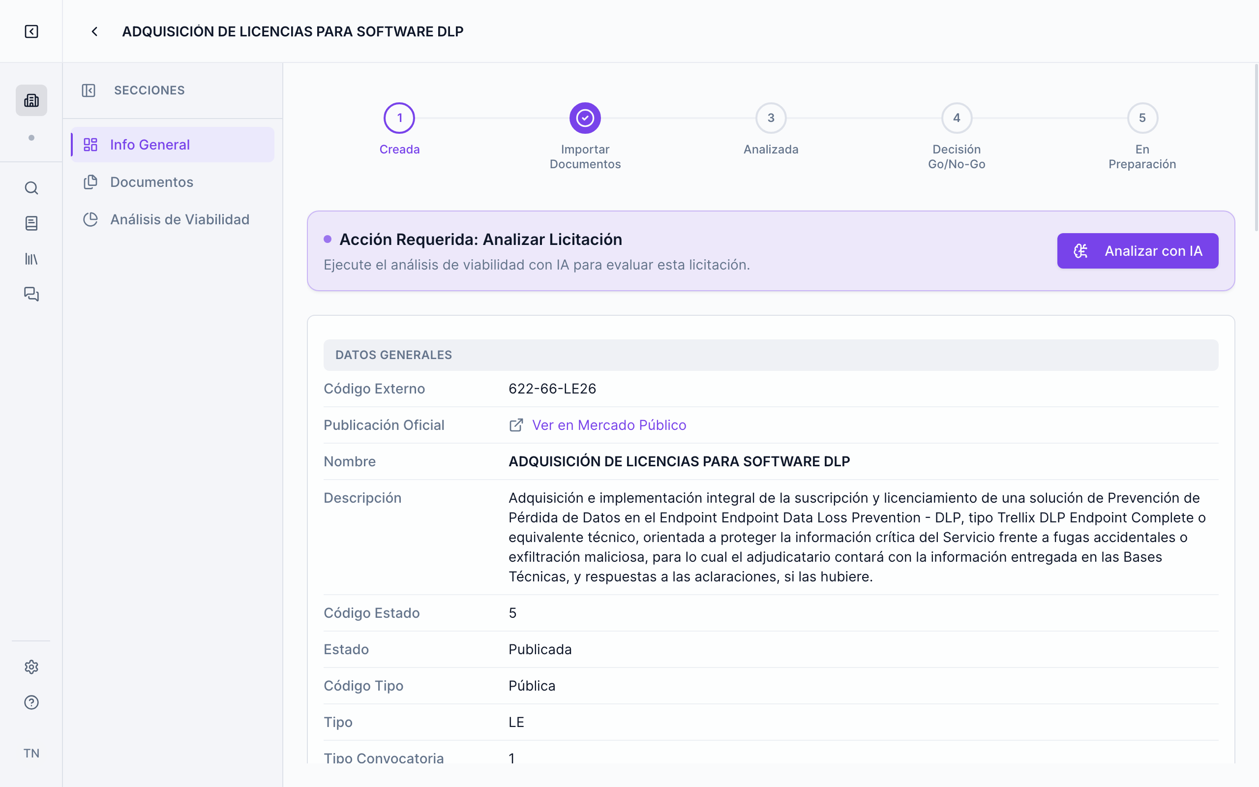 Ficha de una licitación: las secciones a la izquierda, las etapas arriba, el aviso para analizarla y los datos generales.