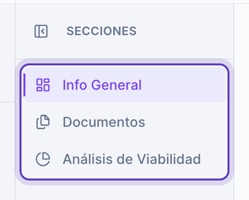 Menú de secciones de la ficha: Info General, Documentos y Análisis de Viabilidad.