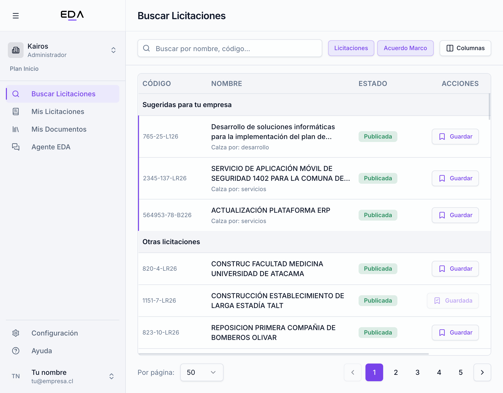 Pantalla Buscar Licitaciones con el buscador, los filtros Licitaciones y Acuerdo Marco, y la tabla con las sugeridas para tu empresa.