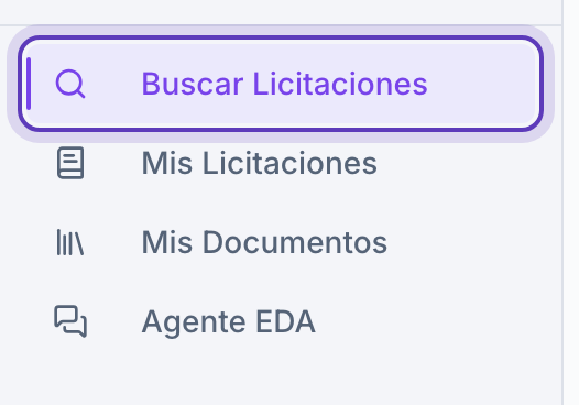Menú lateral de Eda con «Buscar Licitaciones» marcado.