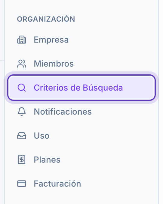 Menú de Configuración con «Criterios de Búsqueda» marcado.
