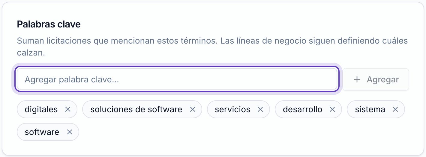 Tarjeta «Palabras clave» con el campo para agregar marcado y seis palabras ya agregadas.